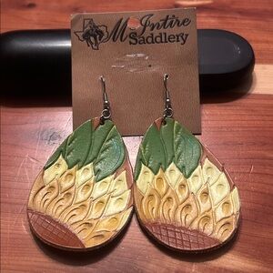 McIntire Saddlery Hand Painted Hand Tooled Teardrop Leather Earrings Sunflower